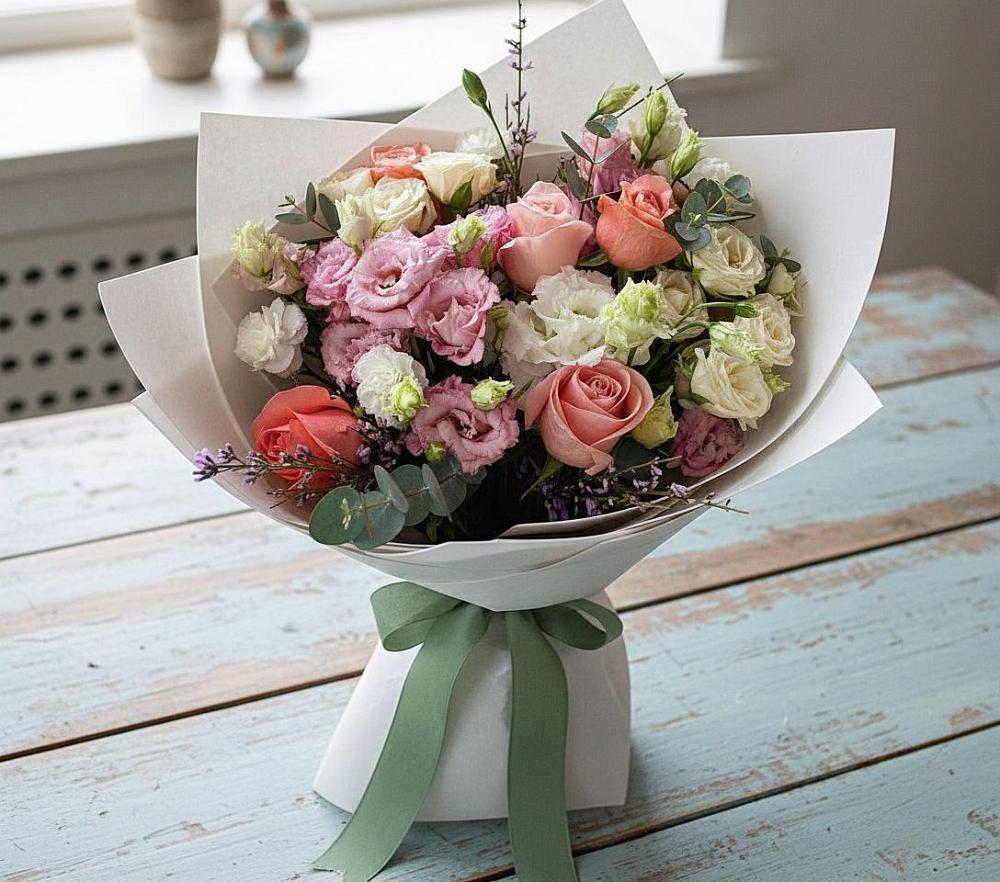 Букет цветов из: Розы, Лизиантусы и Гвоздики в Малеевке