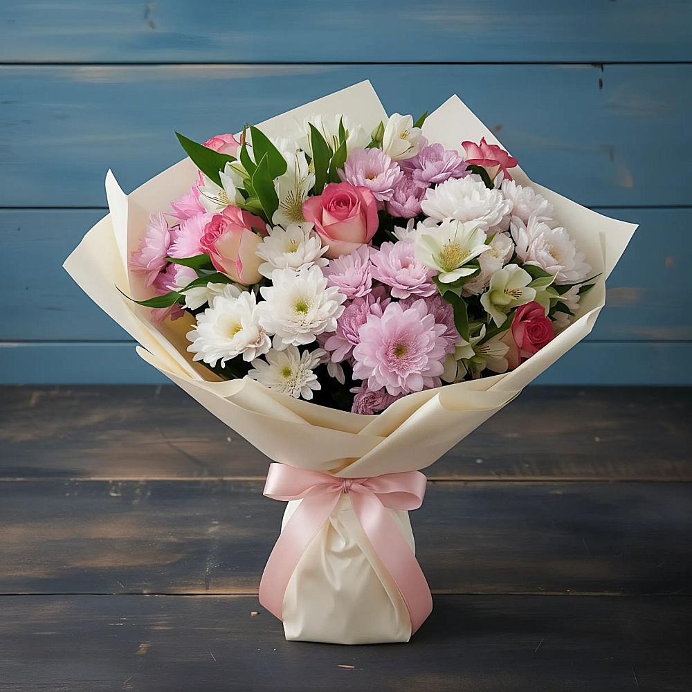 Букет цветов из: Хризантемы, Альстромерии и Розы в Малеевке